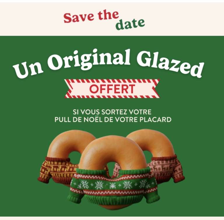 1 Donut Krispy Kreme Original Glazed Offert - Pull de Noel requis (19 decembre)