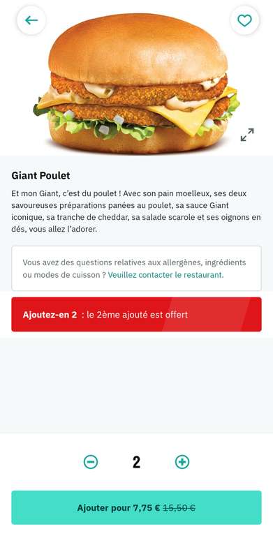 Quick Giant Poulet 1 Achete 1 Offert via Deliveroo - Restaurants Participants
