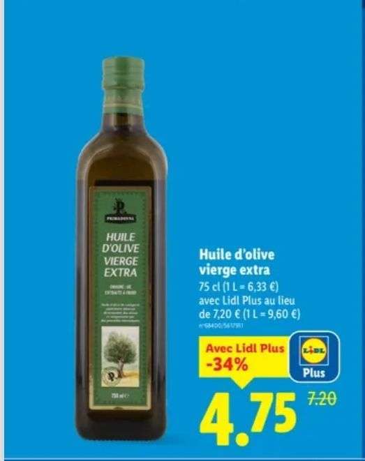 Huile d'Olive Vierge Extra 75cl Lidl Plus Promo Application