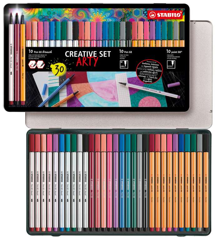 Boite Metal 30 Feutres Stabilo Arty Point 88 Pen 68 Brush