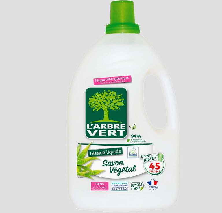 Lessive Liquide L'Arbre Vert Savon Vegetal 2L 45 Lavages Ecolabel