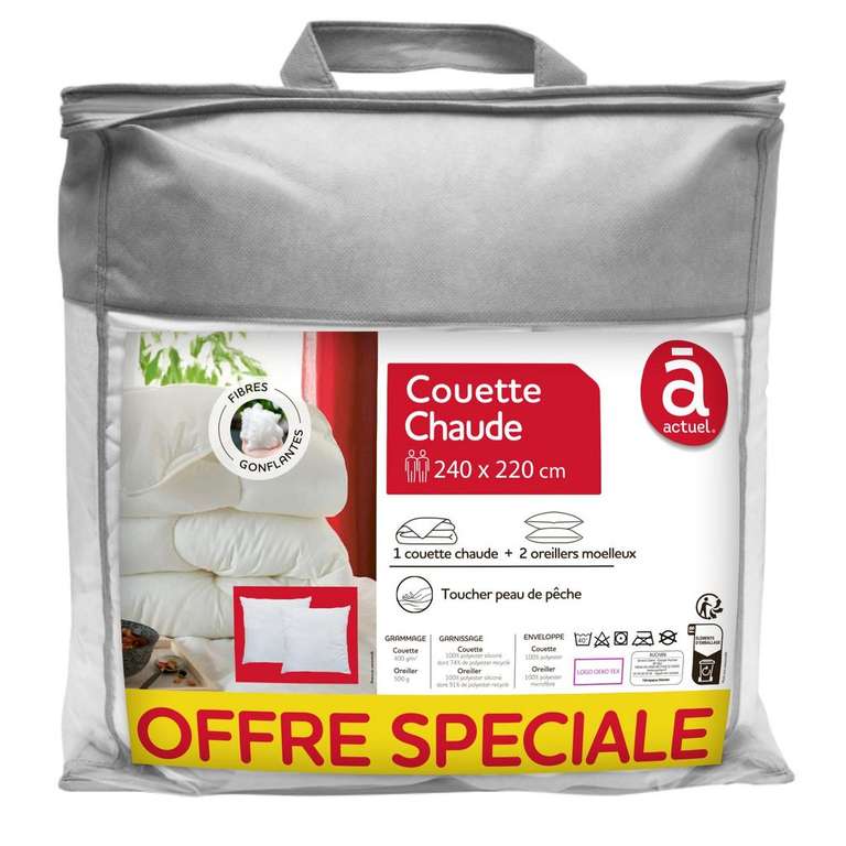 Pack Couette Chaude 140x220 + 2 Oreillers Moelleux 60x60 Actuel Auchan