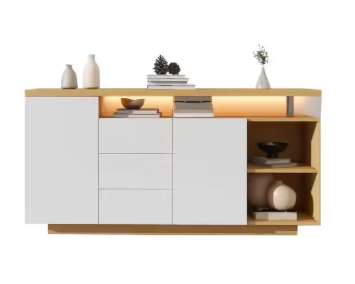 Buffet OKWISH 140x40x70 cm 2 portes 3 tiroirs eclairage LED blanc bois